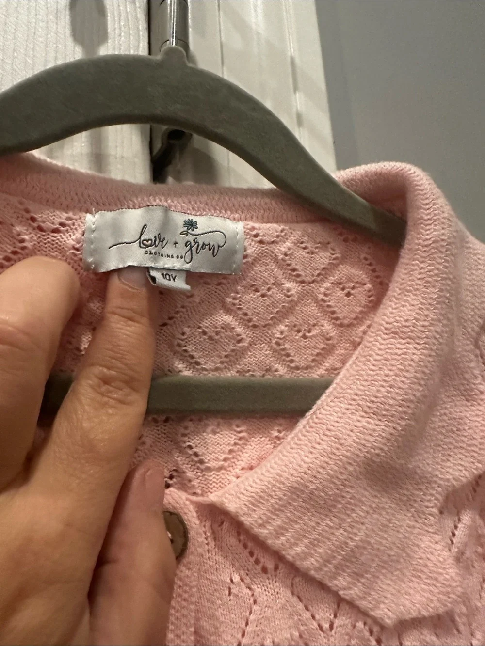 Pink Pointelle Knit Button-Front Sweater with Scalloped Peter Pan Collar